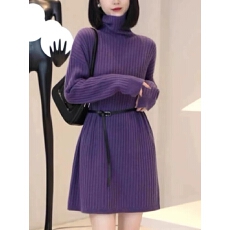 批发韩版高领针织连衣裙女秋<b class='q'>冬</b>款慵懒风腰带收腰内搭气质中长款毛衣裙