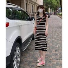 批发条纹冰丝针织背心t恤连衣裙女2026新款夏季修身百搭显瘦中长裙子