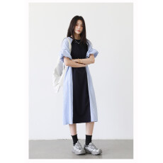 批发蓝色<b class='q'>拼接</b>条纹<b class='q'>连衣裙</b>女夏装新款小众设计感撞色宽松显瘦休闲长裙子