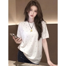 韩版重工镶钻短袖T恤女2026年夏季新款红色修身显瘦百搭钉珠上衣