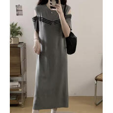 批发<b class='q'>条纹</b>小心机露肩连衣裙2026夏季新款大码胖mm慵懒风灰色休闲t恤裙