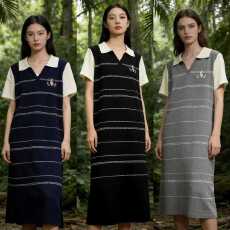 批发<b class='q'>假两件</b>红色条纹长款马甲裙连衣裙女2026夏大码胖mm直筒显瘦t恤裙