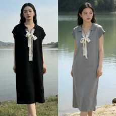 批发丝巾polo领正肩连衣裙2026夏季新款大码胖mm直筒遮肚慵懒风t恤裙