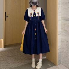 批发夏季大码女装胖mm显瘦遮肚法式撞色<b class='q'>娃娃</b>领刺绣连衣<b class='q'>裙</b>度假衬衫长<b class='q'>裙</b>