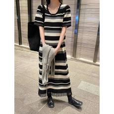 批发<b class='q'>大码</b>胖mm夏季薄款针织短袖冰丝连衣裙女条纹撞色打底宽松黑色裙子