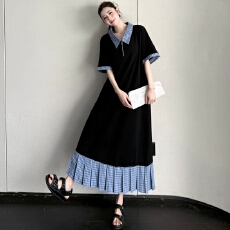 批发懒人长款<b class='q'>拼接</b>格子短袖<b class='q'>连衣裙</b>女大码宽松显瘦荷叶边休闲Polo领裙子