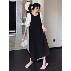 批发胖mm长裙气质<b class='q'>假两件</b>拼色A字<b class='q'>连衣裙</b>大码胖mm背带裙女夏季2023新款