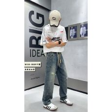 批发秋冬新款-实拍阔腿工装牛仔裤男宽松直筒新款美式复古高街男士裤