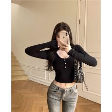 批发秋冬新款-韩系蕾丝螺纹长袖t恤女打底衫纯欲修身短款上衣仿棉螺纹