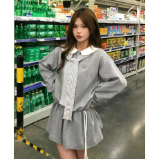 批发秋冬新款-韩系学院风披肩条纹假两件长袖卫衣<b class='q'>连衣裙</b>女气质短裙