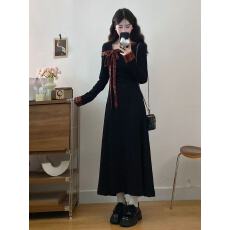 批发秋冬新款-法式赫本风蝴蝶结拼接<b class='q'>格子</b><b class='q'>连衣裙</b>女大衣内搭中长裙