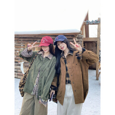 批发秋冬新款-复古灯芯绒长袖<b class='q'>衬衫</b>女内搭外穿圆领设计感百搭上衣外套