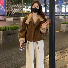 批发秋冬新款-<b class='q'>韩版</b>加绒加厚麂皮绒外套女小个子宽松休闲上衣