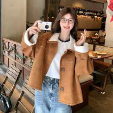 批发秋冬新款-<b class='q'>韩版</b>设计感麂皮绒两面穿外套女小个子短款夹克上衣