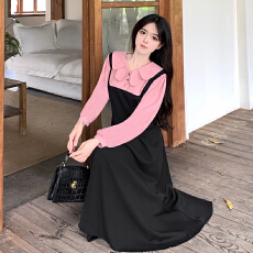 批发秋冬新款- 法式设计感假两件<b class='q'>娃娃</b>领<b class='q'>连衣裙</b>女收腰显瘦长裙