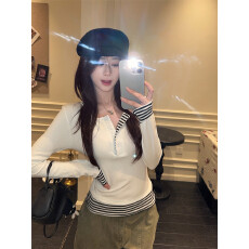 批发秋冬新款-韩系时尚条纹拼接半开领假两件<b class='q'>T</b><b class='q'>恤</b>女修身打底内搭上衣