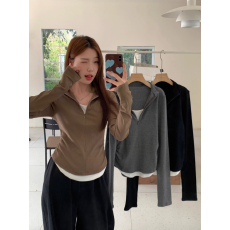 批发秋冬新款-人棉欧美风拉链半高领假两件长袖<b class='q'>T</b><b class='q'>恤</b>女百搭打底衫
