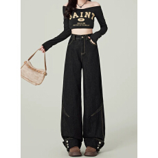 批发秋冬新款-美式重工翻边阔腿牛仔裤女设计感高腰直筒拖地裤子