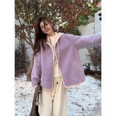 批发秋冬新款-羊羔毛韩版软糯连帽休闲长袖外套女毛绒减龄百搭上衣