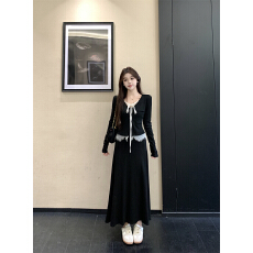 批发秋冬新款-韩系收腰蕾丝设计长袖<b class='q'>小香</b>风V领拼接开衫连衣裙<b class='q'>套装</b>