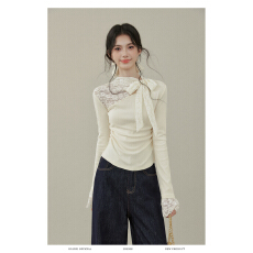 批发秋冬新款-南法少女拼接蕾丝钩花长袖针织T恤女打底衫内搭上衣