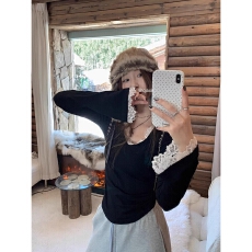 秋冬新款-原版做法韩系纯欲风蕾丝拼接喇叭袖T恤褶皱上衣女