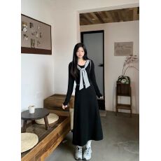 批发秋冬新款-法式气质连帽披肩假两件连衣裙女收腰<b class='q'>显瘦</b>撞色中长裙