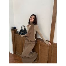 批发秋冬新款-etong法式设计感废土风挂脖收腰内搭<b class='q'>假两件</b>长袖<b class='q'>连衣裙</b>女