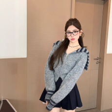 批发秋冬新款-韩系海军领条纹连袖<b class='q'>针织</b><b class='q'>开衫</b>女宽松显瘦长袖上衣