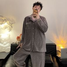 海岛绒秋冬季男睡衣时尚经典反领纯色印花开衫居家服长袖套装多色