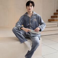 法兰绒290克睡衣男秋冬季开衫长袖长裤大码210斤两件套家居服外穿