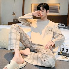 批发睡衣<b class='q'>男</b>秋冬新款纯棉家居服青年圆领休闲可外穿家居服套装<b class='q'>男</b>