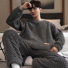 批发秋冬新款睡衣<b class='q'>男</b>冬季加厚长毛绒休闲圆领套头青年保暖家居服