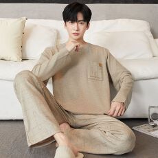 批发秋冬新款羊毛蚕丝AB面睡衣<b class='q'>男</b>保暖舒适长袖长裤单裤袋休闲可外穿