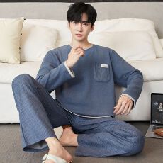 批发秋冬新款羊毛蚕丝AB面睡衣<b class='q'>男</b>保暖舒适长袖长裤单裤袋休闲可外穿