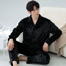 批发新款<b class='q'>男</b>士秋冬睡衣海岛绒长袖长裤休闲压花开衫两件套家居服可外穿