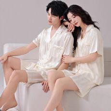 批发高货5050丝情侣睡衣<b class='q'>男士</b>夏季冰丝<b class='q'>短袖</b>女士加大码 五线缝肥佬L-5XL
