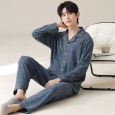 针织棉两件套睡衣2025新款长袖长裤男士宽松简约加肥加大家居服