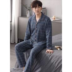 针织棉两件套睡衣2025新款长袖长裤男士宽松简约加肥加大家居服