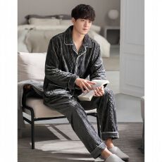 冬季男款法兰绒剪花双长两件套睡衣纯色翻领开衫保暖家居服可外穿