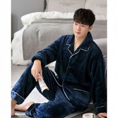 冬季男款法兰绒剪花双长两件套睡衣纯色翻领开衫保暖家居服可外穿