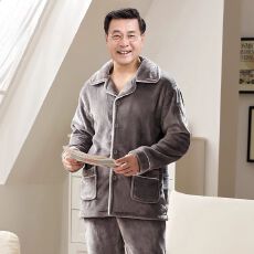 中青年法兰绒长袖长裤简约纯色两件套秋冬可外穿翻领开衫家居服