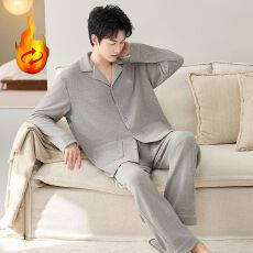 冬季长袖开衫蚕丝羊毛绒保暖睡衣薄款男套装家居服青年秋季德绒