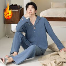 冬季长袖开衫蚕丝羊毛绒保暖睡衣薄款男套装家居服青年秋季德绒