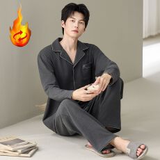 冬季长袖开衫蚕丝羊毛绒保暖睡衣薄款男套装家居服青年秋季德绒