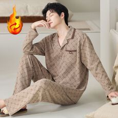 批发冬季长袖开衫蚕丝羊毛绒保暖睡衣薄款男套装家居服青年秋季德绒