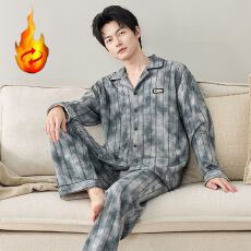 批发冬季长袖开衫蚕丝羊毛绒保暖睡衣薄款男套装家居服青年秋季德绒