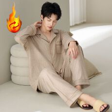 批发冬季长袖开衫蚕丝羊毛绒保暖睡衣薄款男套装家居服青年秋季德绒