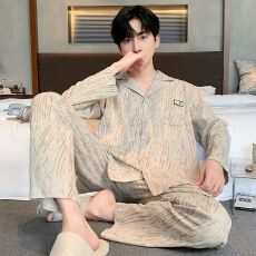 批发长袖纯棉睡衣薄款男套装家居服<b class='q'>全棉</b>青年秋季纯棉休闲开衫春秋直播