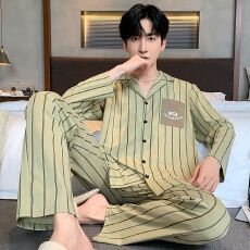 批发长袖纯棉睡衣薄款男套装家居服<b class='q'>全棉</b>青年秋季纯棉休闲开衫春秋直播